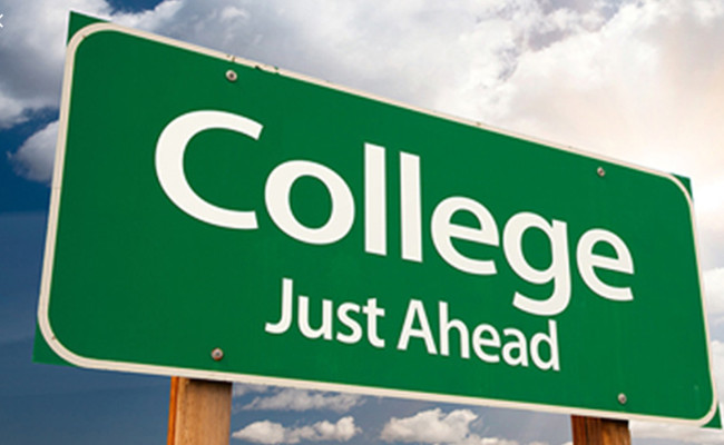 'College Just Ahead' mock road sign: stock photo